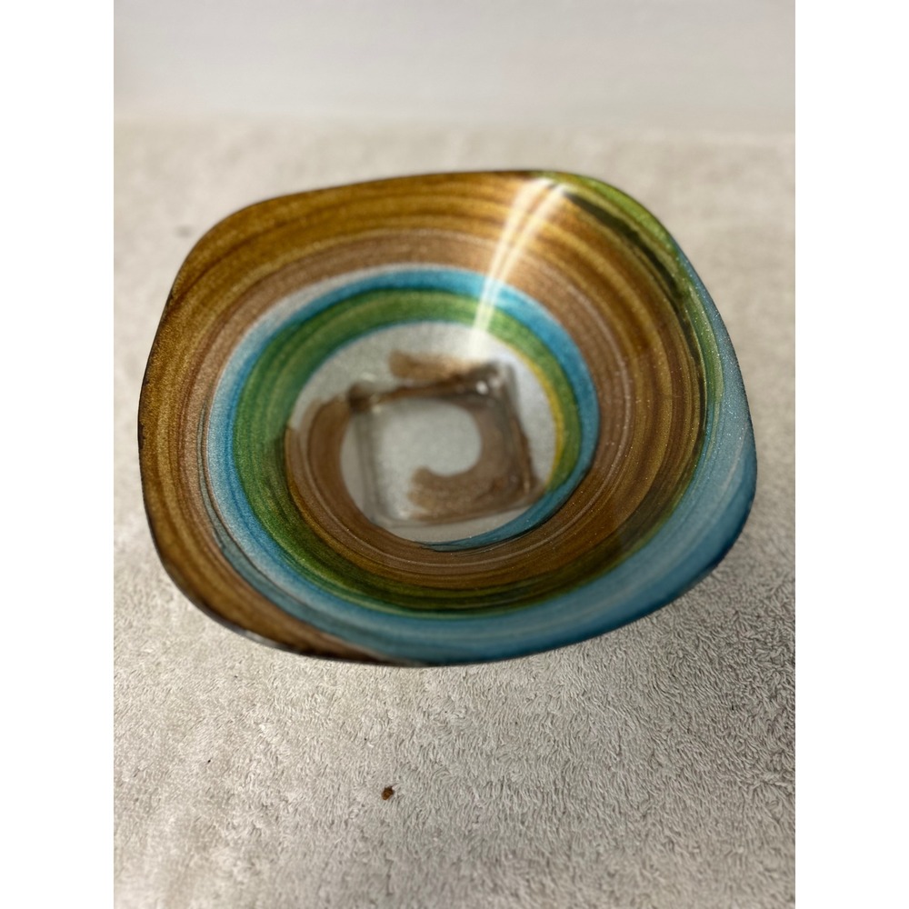 Art Glass Square Spiral Bowl Metallic Bronze Teal Gold Glitter Swirl 8 inch